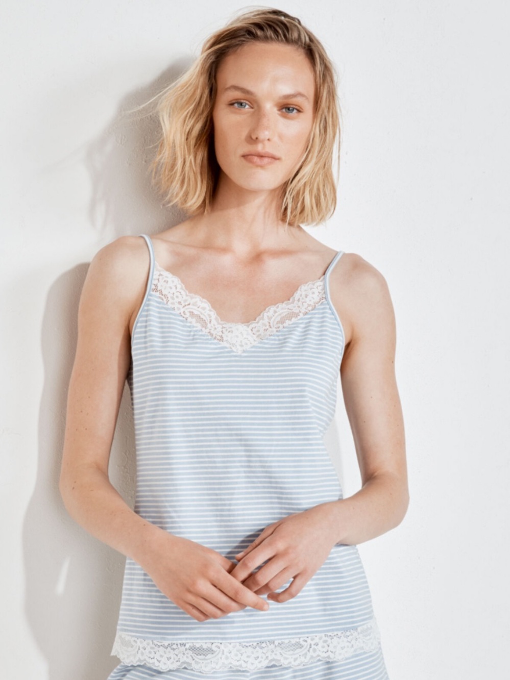 🆕 HAVEN Light Blue Striped Lace-Trim Camisole SMALL